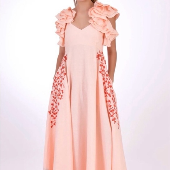 Fanm Mon Peach Floral Maxi Dress with Ruffle Sleeves - Picture 3 of 16